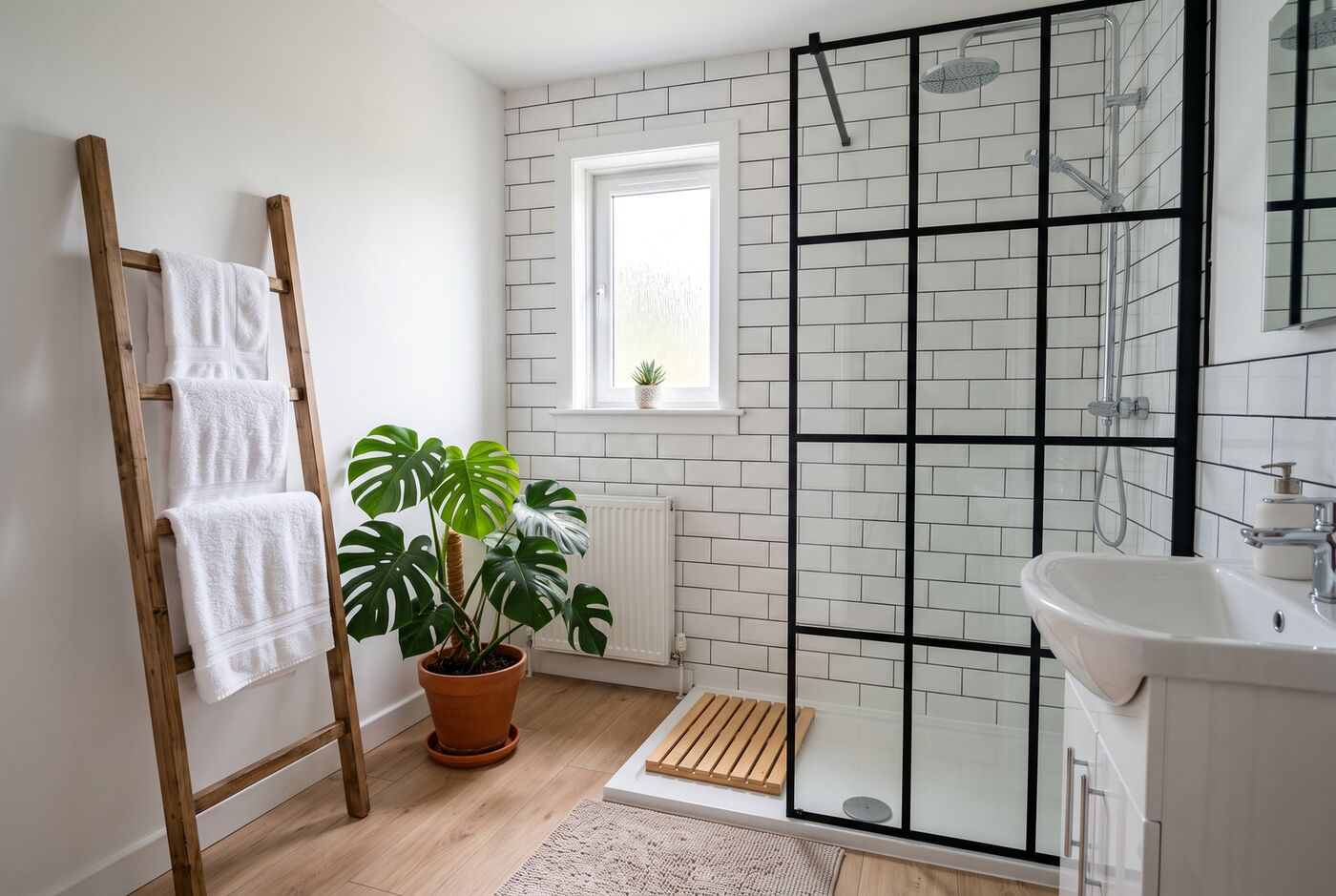 Walk-in shower with a black-framed screen and white metro tiles