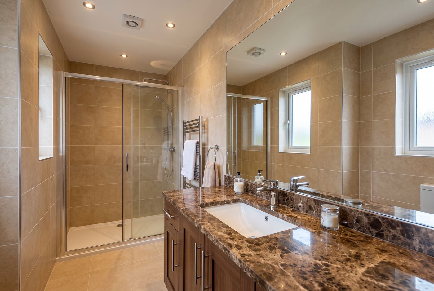 Bathroom with marble-topped vanity, wall mirror and walk-in shower