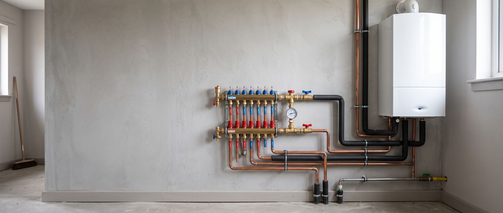 Boiler and heating pipework on a plant room wall