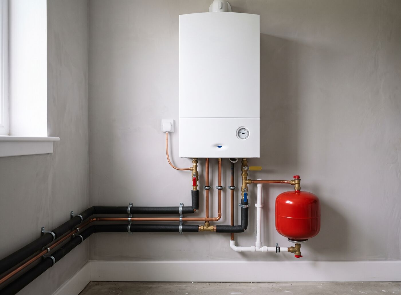 Wall-mounted combi boiler with neat copper pipework and a red expansion vessel