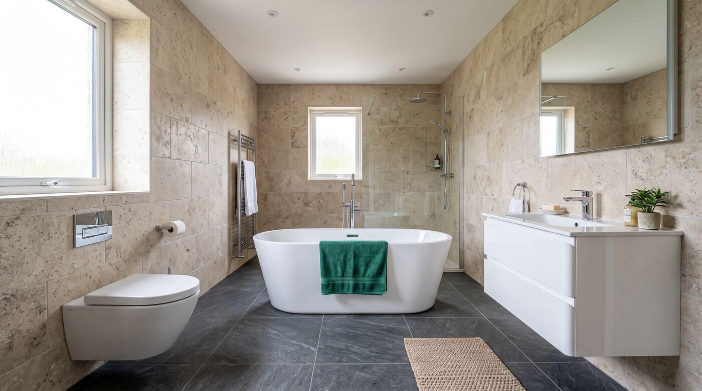 Freestanding bath with floor-standing filler, wall-hung WC and white vanity