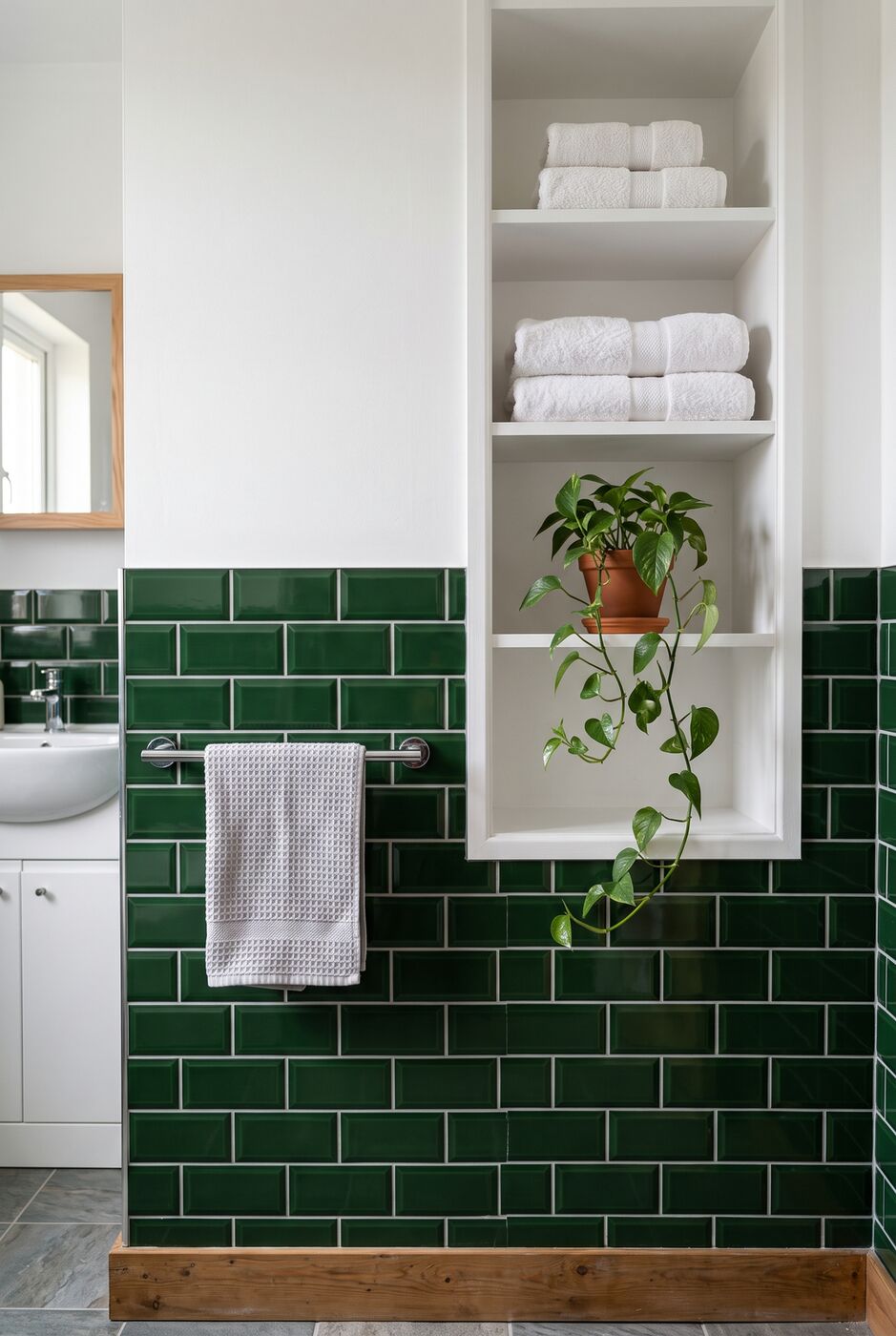 Bottle green metro tiles with built-in white shelving