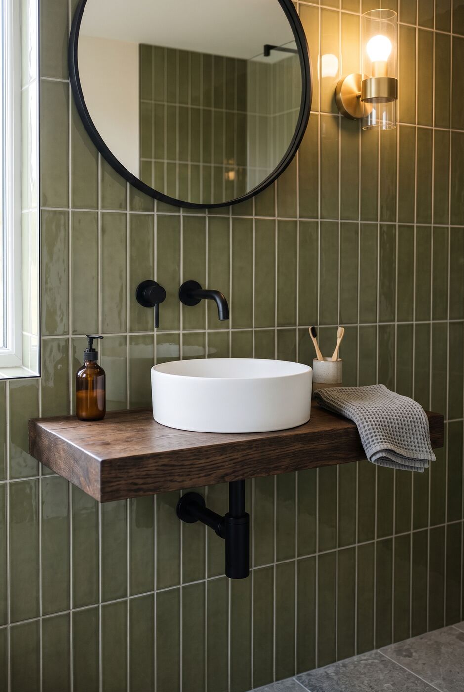Round countertop basin with matt black wall-mounted tap on green tiles