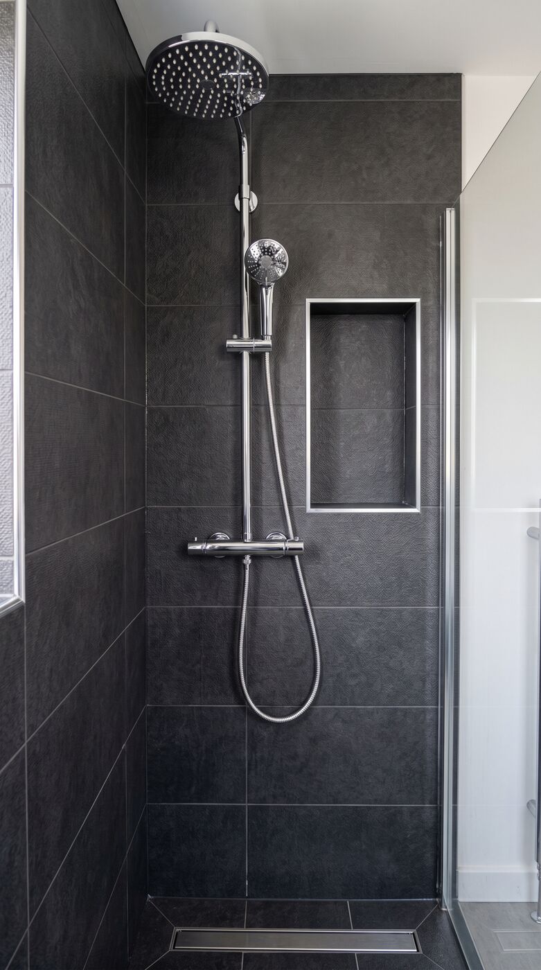Shower column with rainfall head on charcoal tiles
